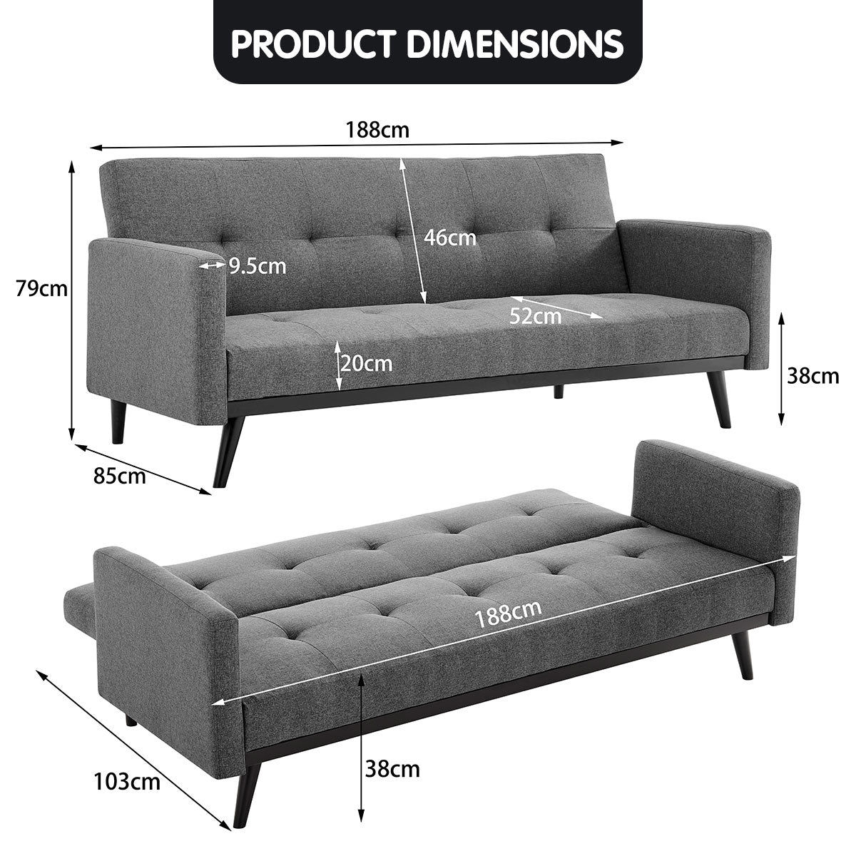 Campello 3 Seater Sofa Bed, Light Grey