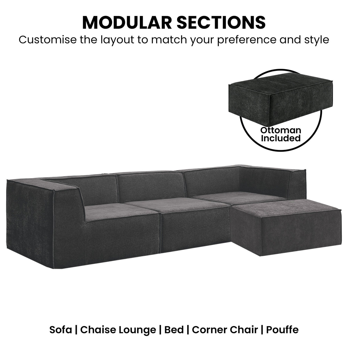 Sarantino NOVI 3-Seater Modular Sofa with Ottoman — Black, Non-Slip Base — Allure Home Collections