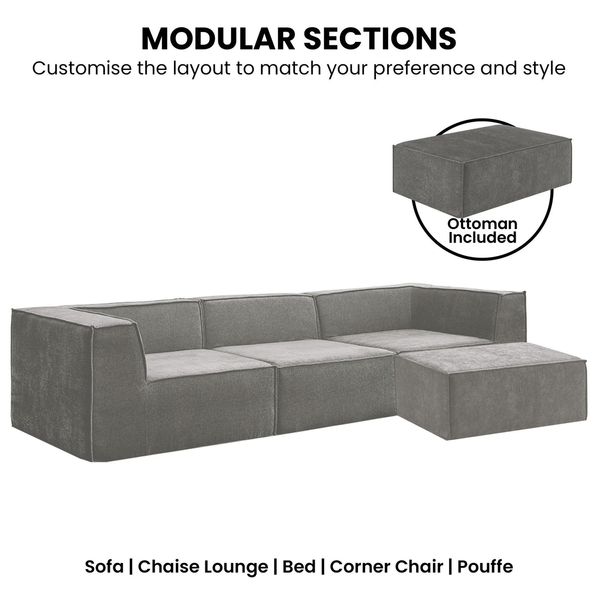 Sarantino NOVI 3-Seater Modular Sofa with Ottoman — Grey, Non-Slip Base — Allure Home Collections