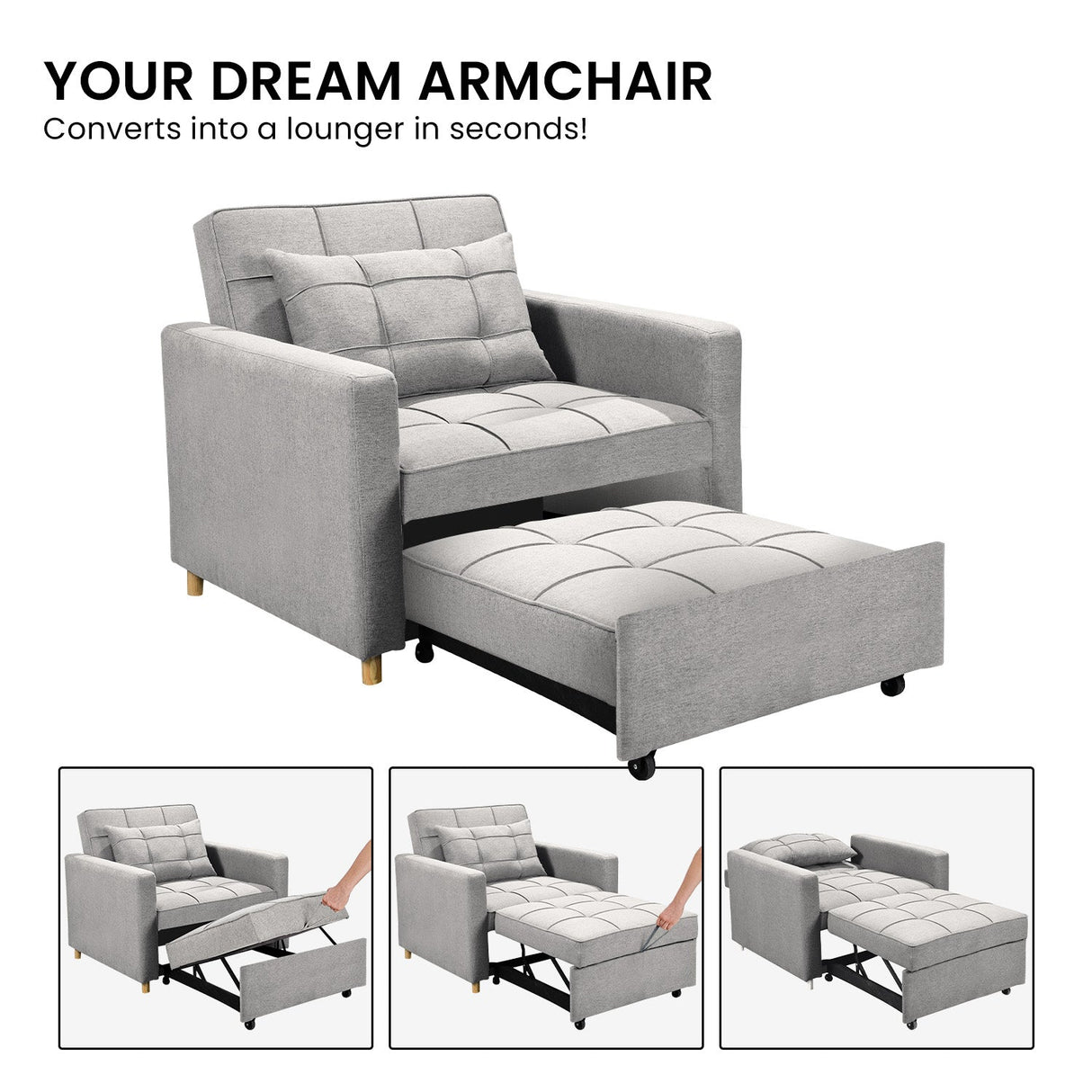 Sarantino Suri 3-in-1 Convertible Sofa Chair Bed in Grey Sarantino
