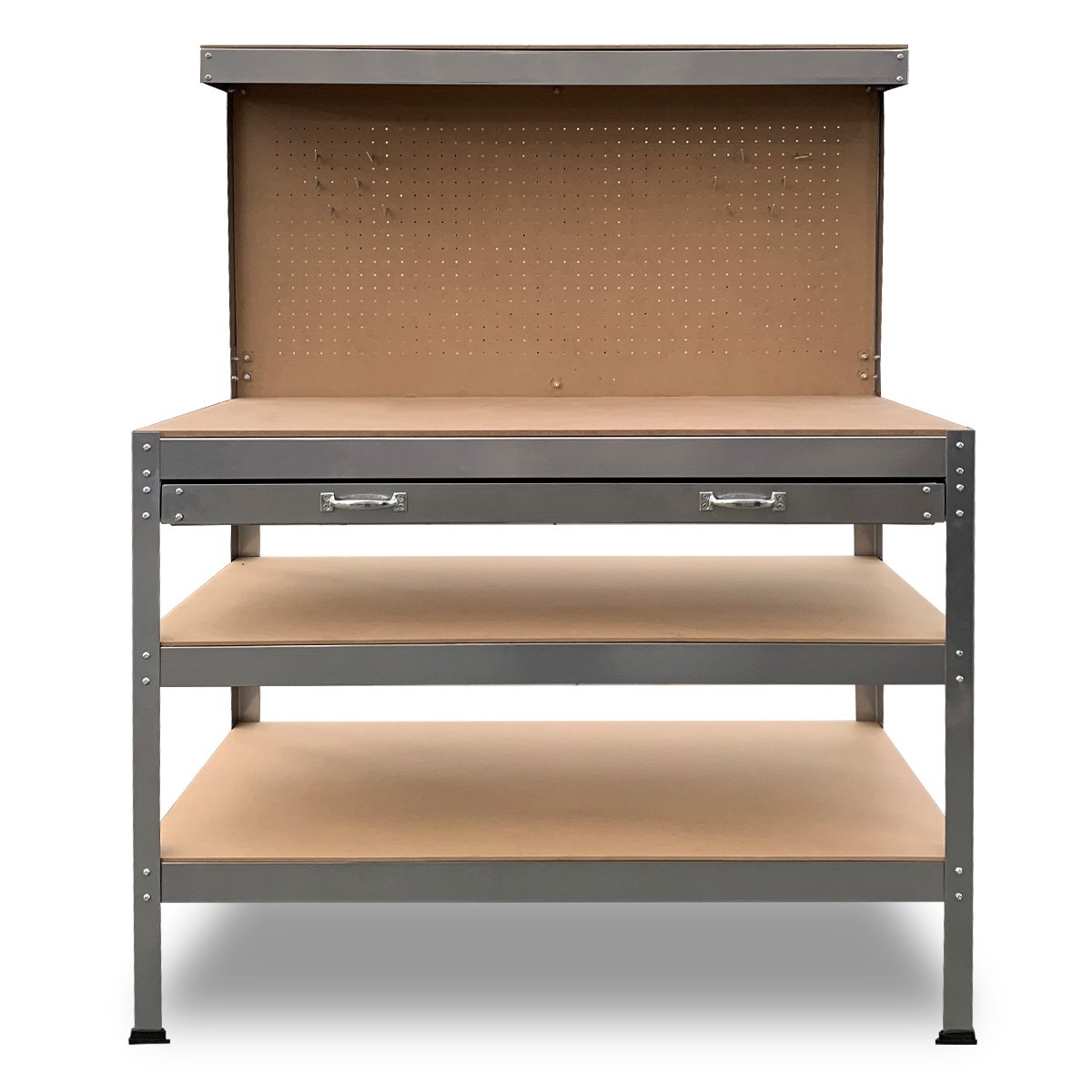 Workbench with Pegboard and Drawer, 120cm Silver