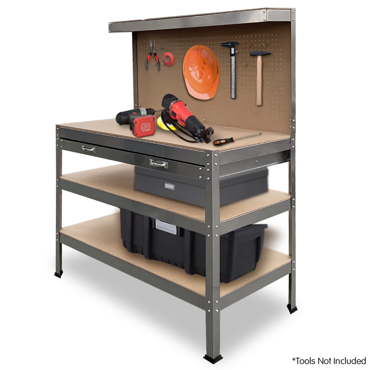 Workbench with Pegboard and Drawer, 120cm Silver