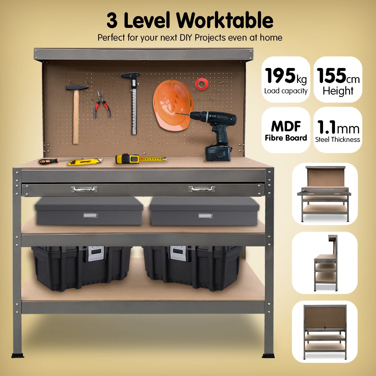 Workbench with Pegboard and Drawer, 120cm Silver