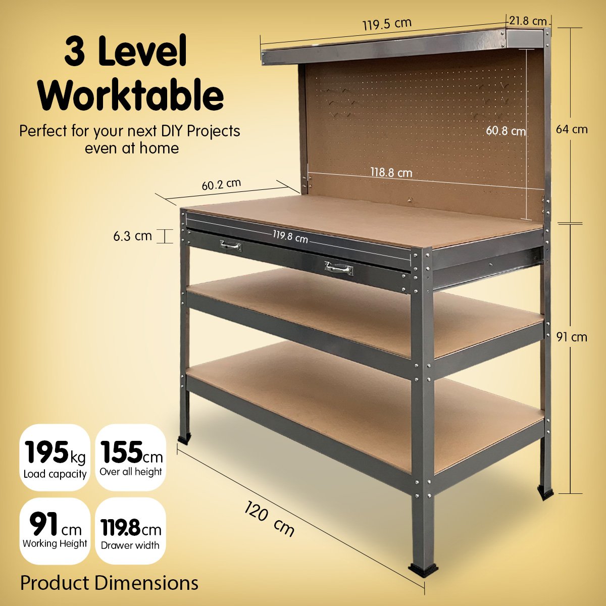 Workbench with Pegboard and Drawer, 120cm Silver