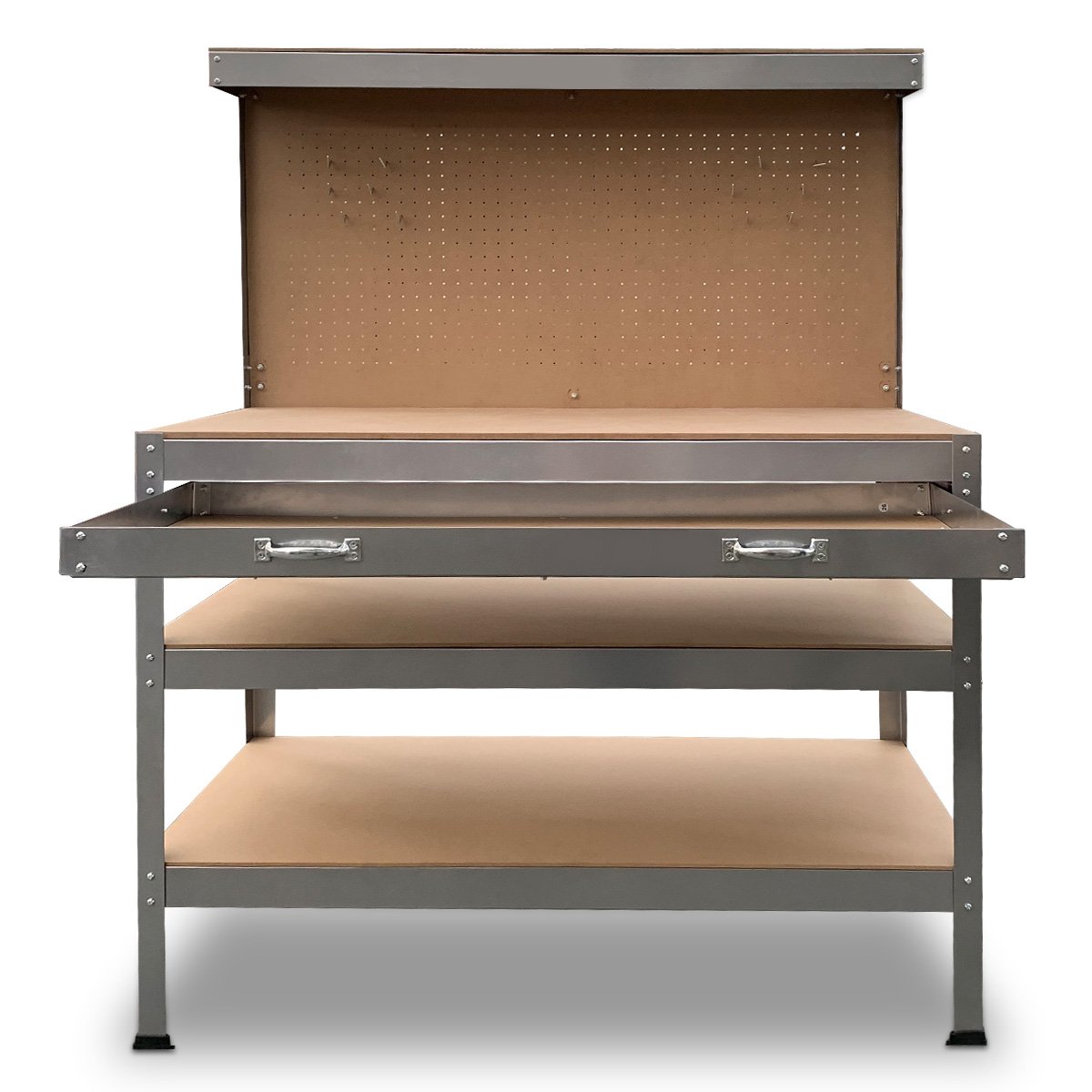 Workbench with Pegboard and Drawer, 120cm Silver