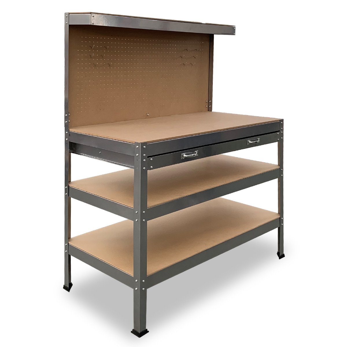 Workbench with Pegboard and Drawer, 120cm Silver