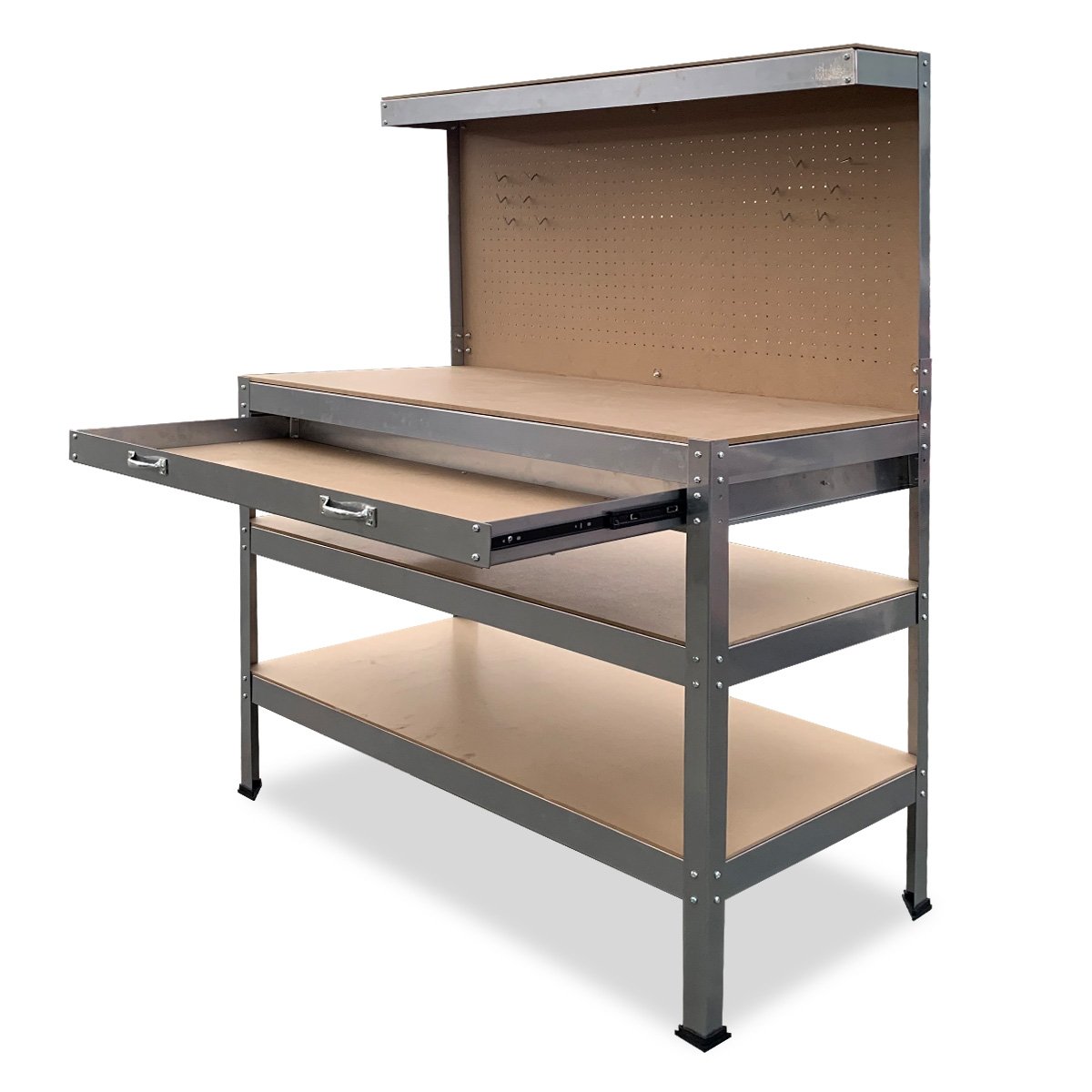 Workbench with Pegboard and Drawer, 120cm Silver