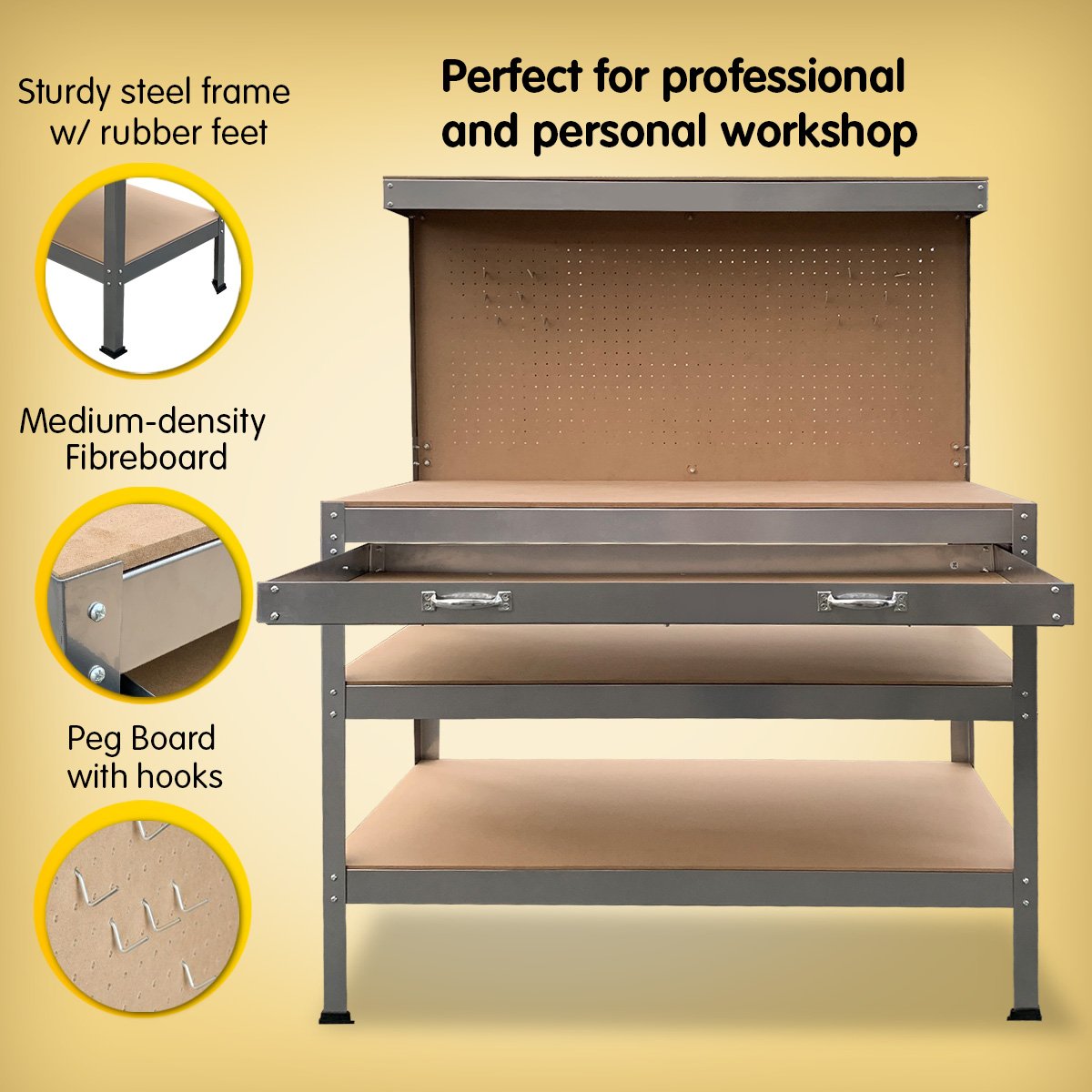 Workbench with Pegboard and Drawer, 120cm Silver