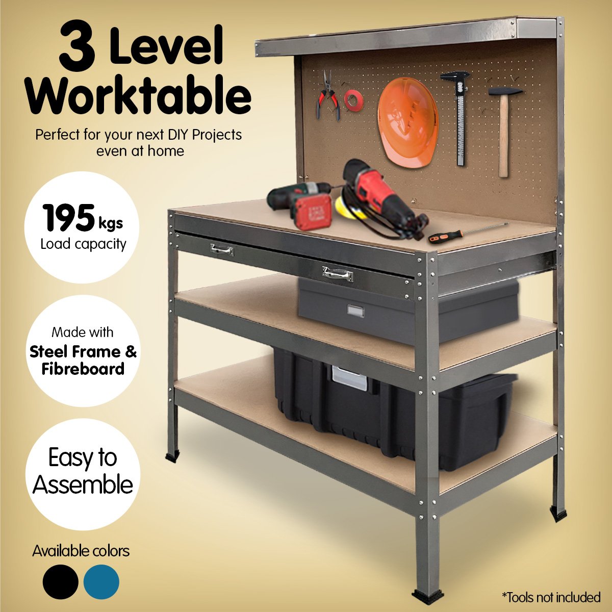 Workbench with Pegboard and Drawer, 120cm Silver