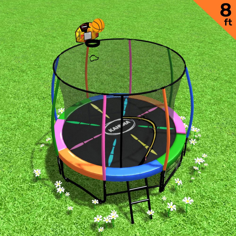 Statue Bay Kids Round Trampoline with Rainbow Pad, Basketball Set and Enclosure, 8ft