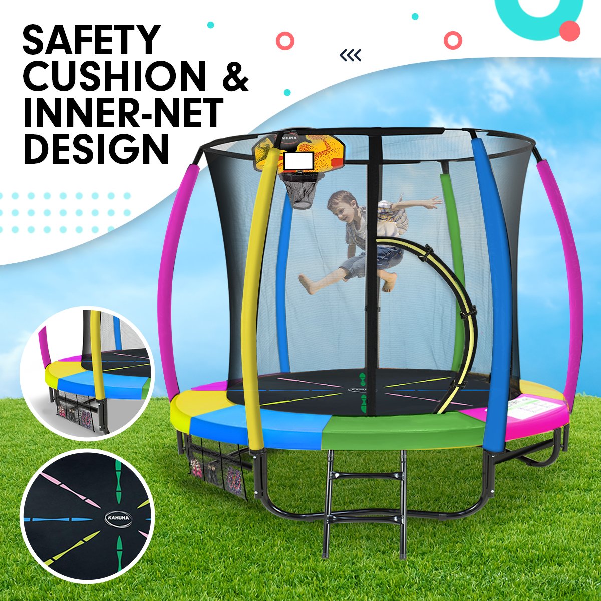 Statue Bay Kids Round Trampoline with Rainbow Pad, Basketball Set and Enclosure, 8ft