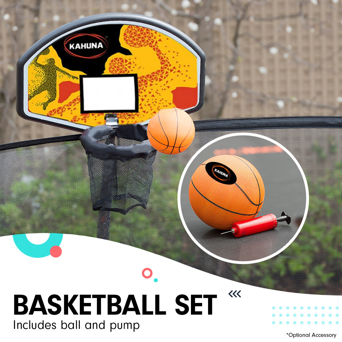 Statue Bay Kids Round Trampoline with Rainbow Pad, Basketball Set and Enclosure, 8ft