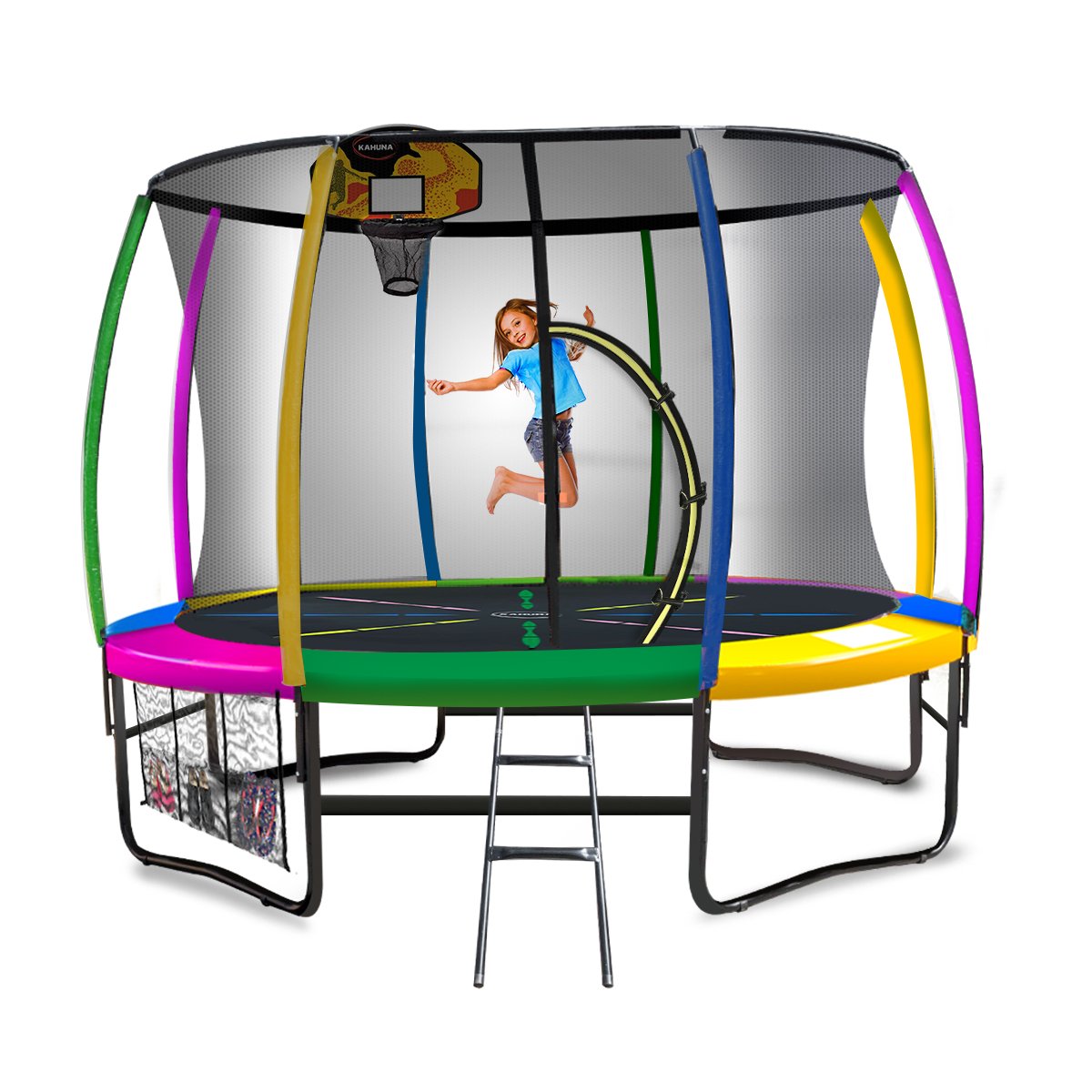 Round 10ft trampoline with rainbow pad, basketball hoop, enclosure net and ladder