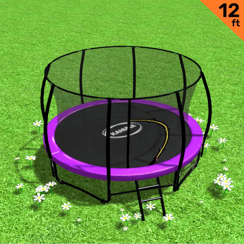 Purple 12ft round trampoline with inner safety net, ladder and shoe storage