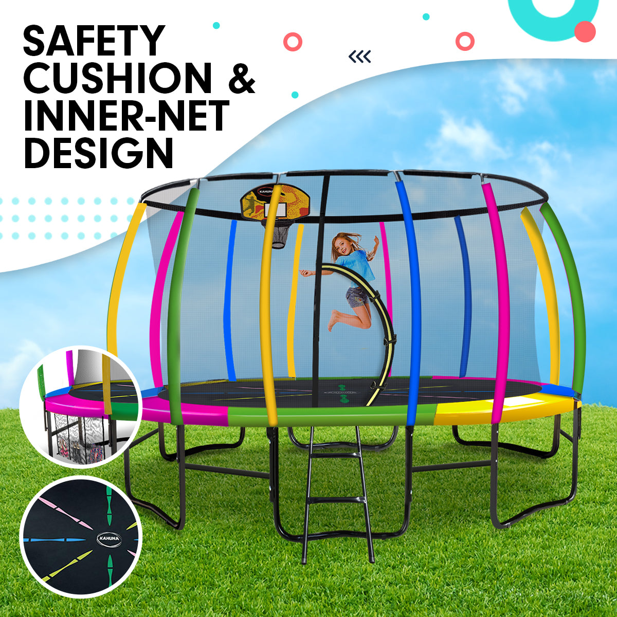 Rosslyn Round Trampoline with Rainbow Pad, Basketball Set, Enclosure and Ladder, 14ft