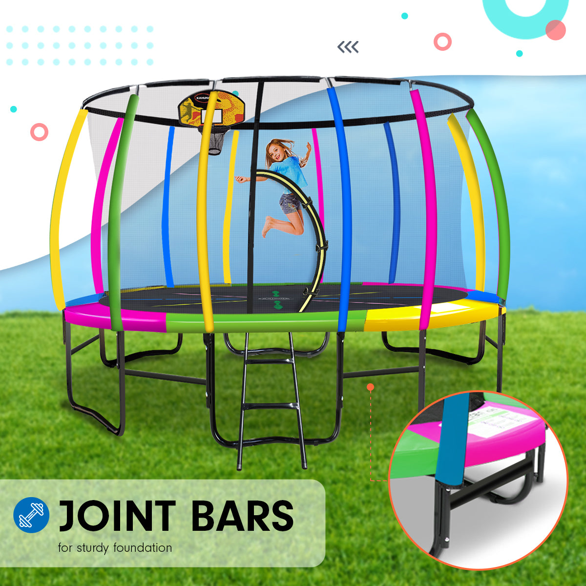 Rosslyn Round Trampoline with Rainbow Pad, Basketball Set, Enclosure and Ladder, 14ft