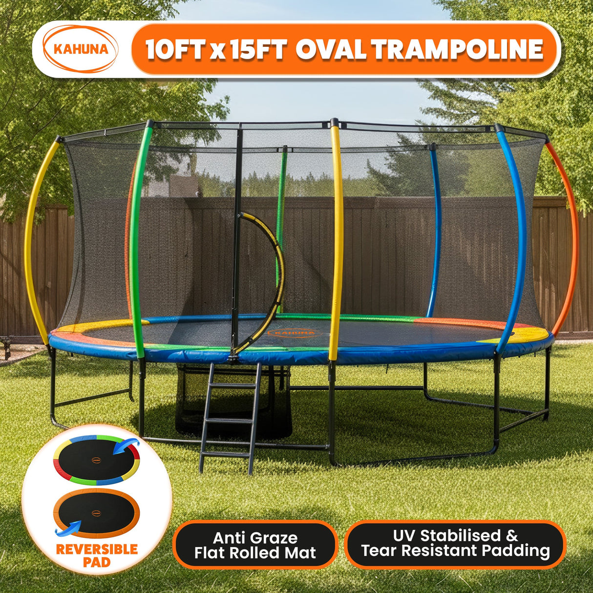 Zilzie Oval Trampoline with Reversible Pad and Ladder, 10ft x 15ft