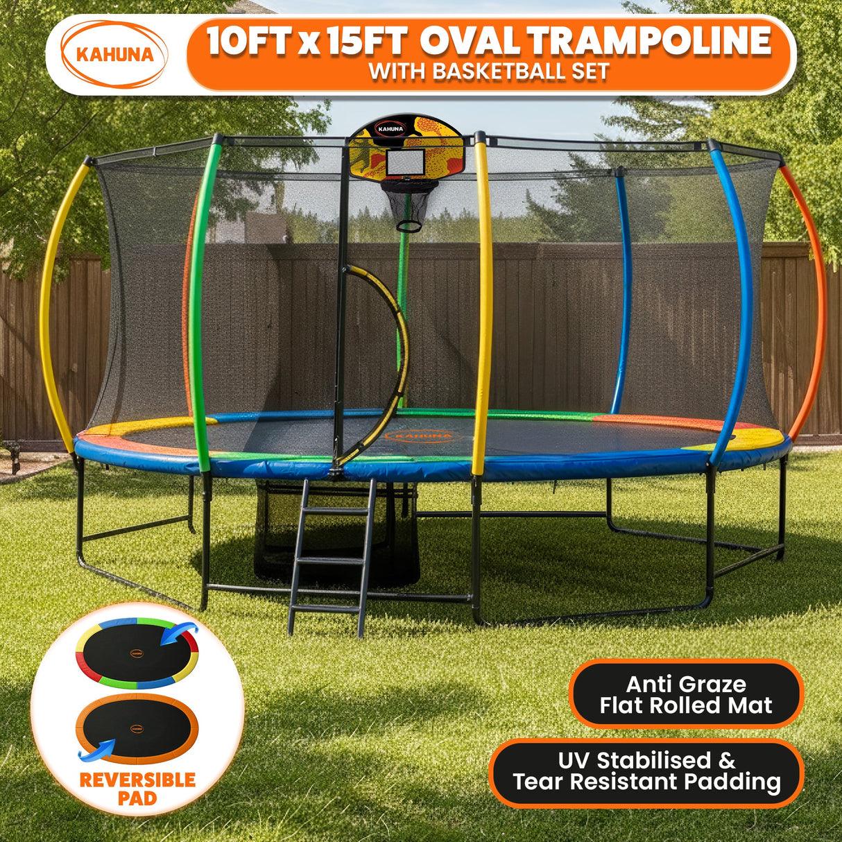 Zilzie Oval Trampoline with Reversible Pad, Basketball Set and Ladder, 10ft x 15ft