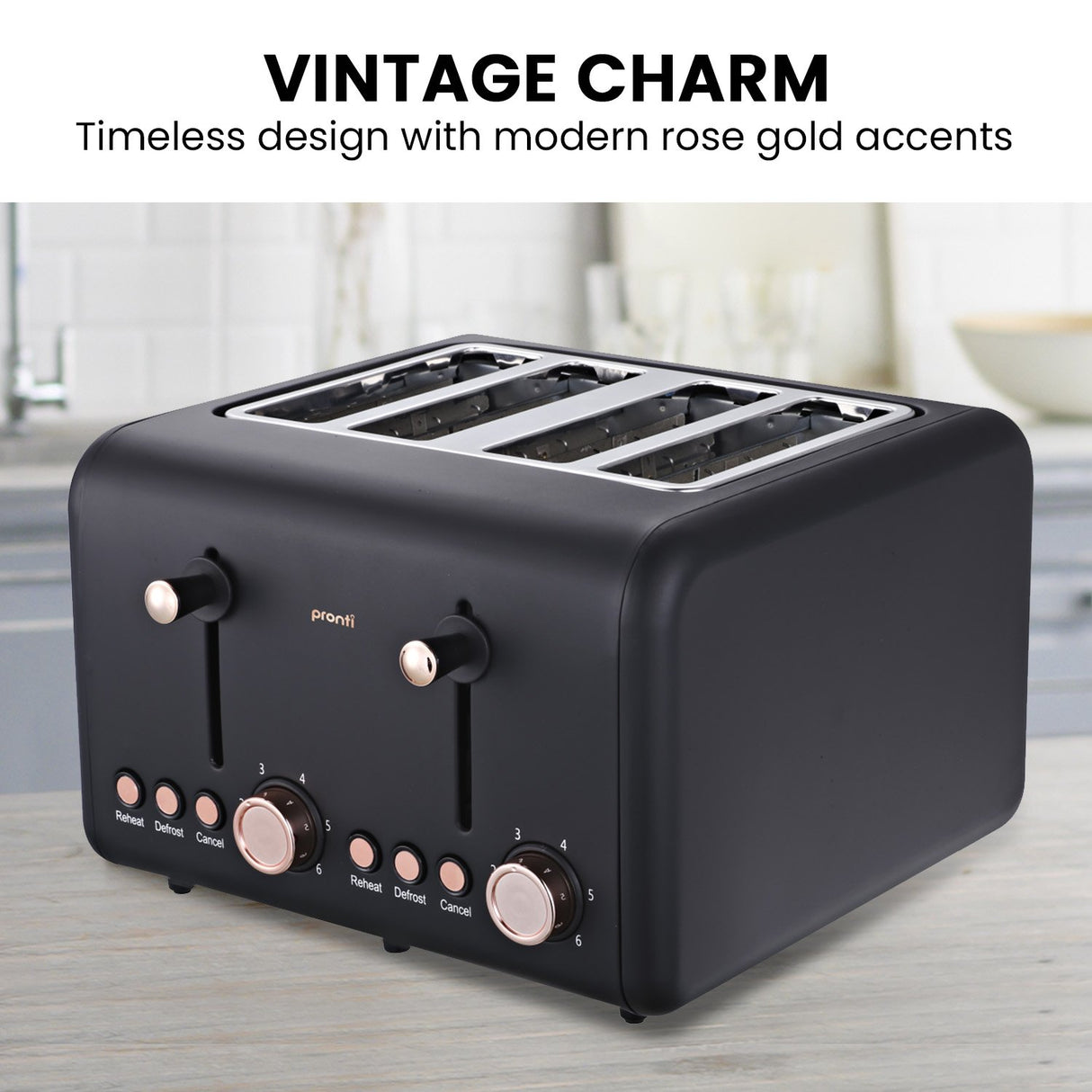 Control dials and browning levels on black and rose gold 4 slice toaster