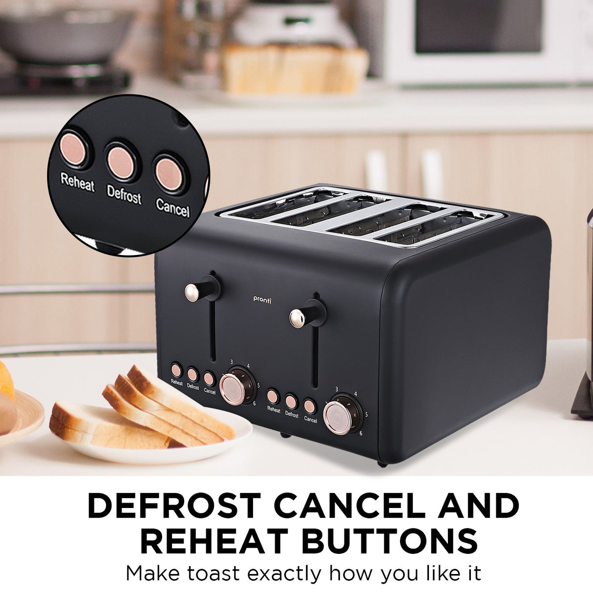 Cancel, reheat and defrost buttons on black 4 slice toaster