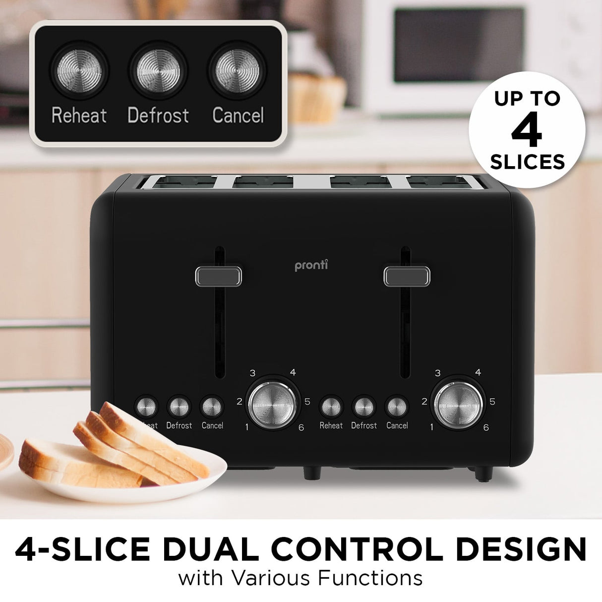 Wide bread slots of 4 slice toaster holding thick sliced bread