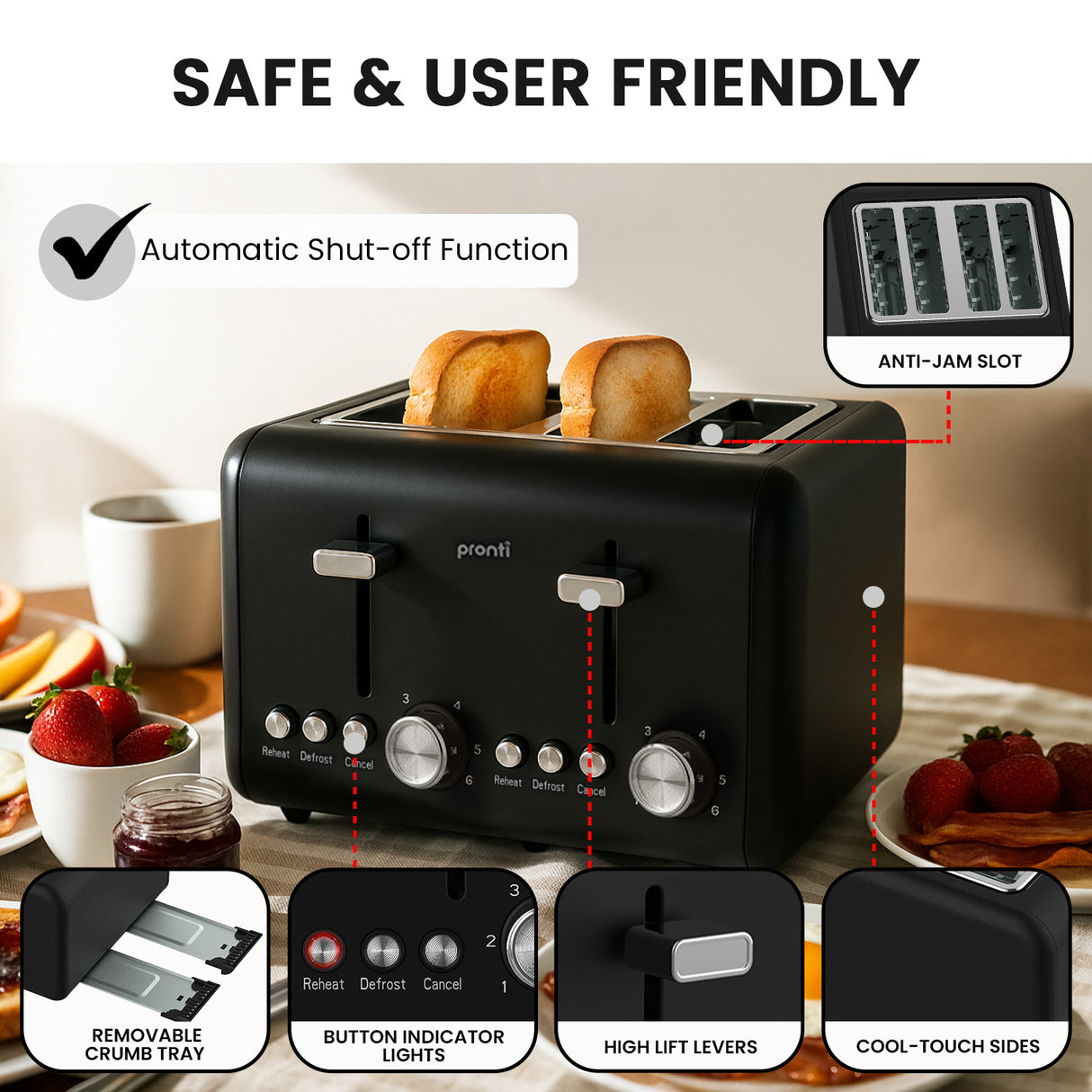 Cool touch sides of dual control 4 slice toaster