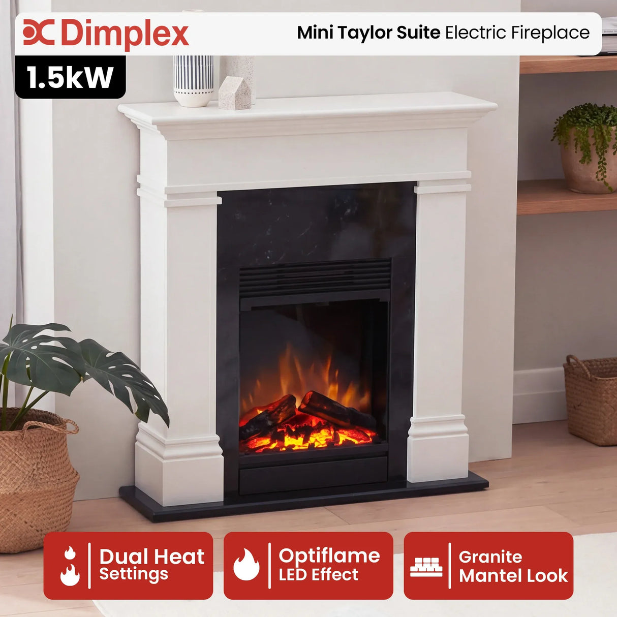 Front view of 1.5 kW electric fireplace suite measuring 85 cm wide