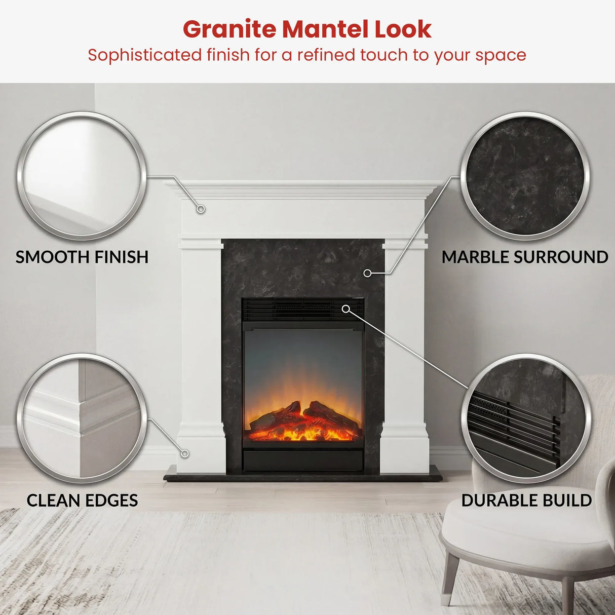 Electric fireplace suite styled against a lounge room wall