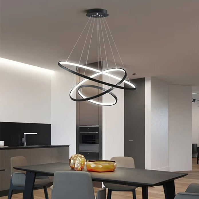 Modern LED Ring Chandelier Dimmable 3 Rings Black