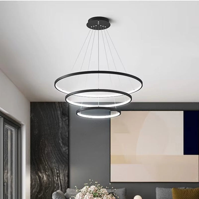 Modern LED Ring Chandelier Dimmable 3 Rings Black
