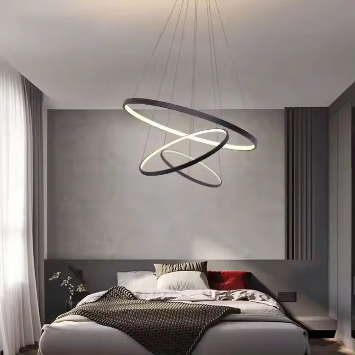 Modern LED Ring Chandelier Dimmable 3 Rings Black