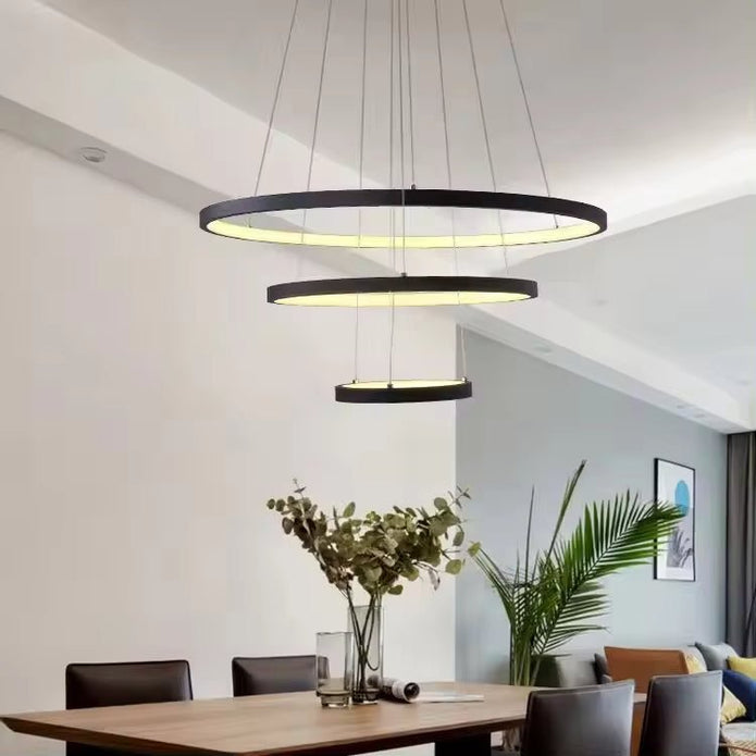 Modern LED Ring Chandelier Dimmable 3 Rings Black