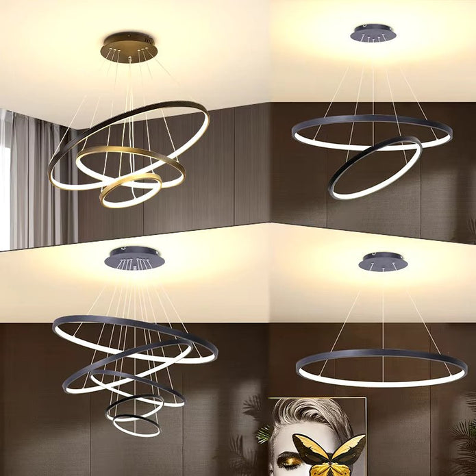 Modern LED Ring Chandelier Dimmable 3 Rings Black