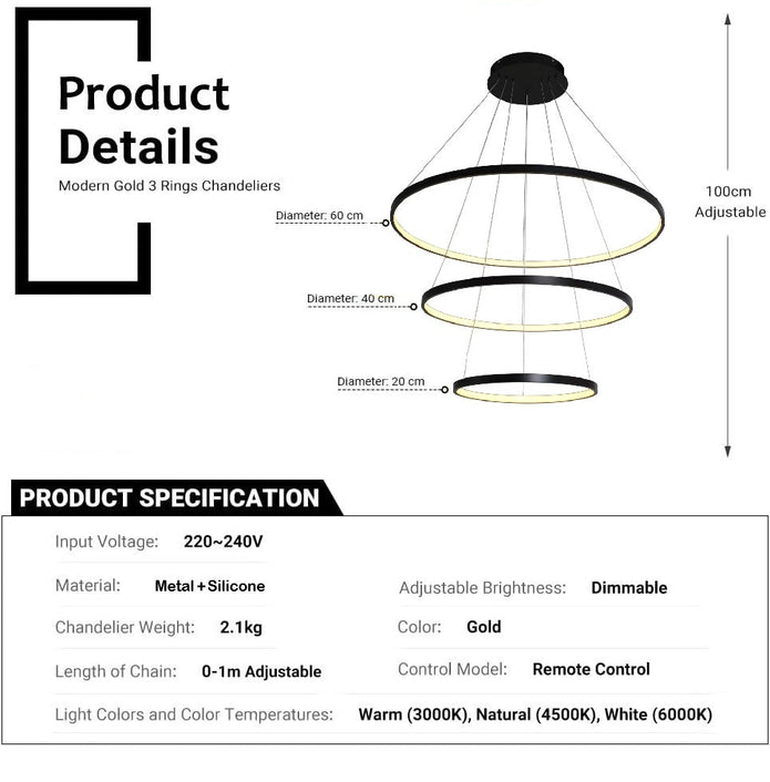 Modern LED Ring Chandelier Dimmable 3 Rings Black