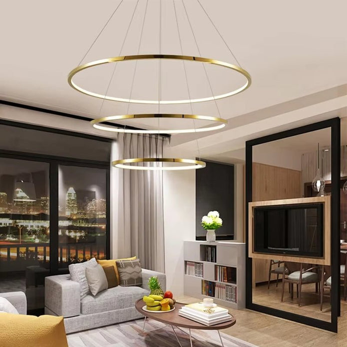 Modern LED Ring Chandelier Dimmable 3 Rings Gold