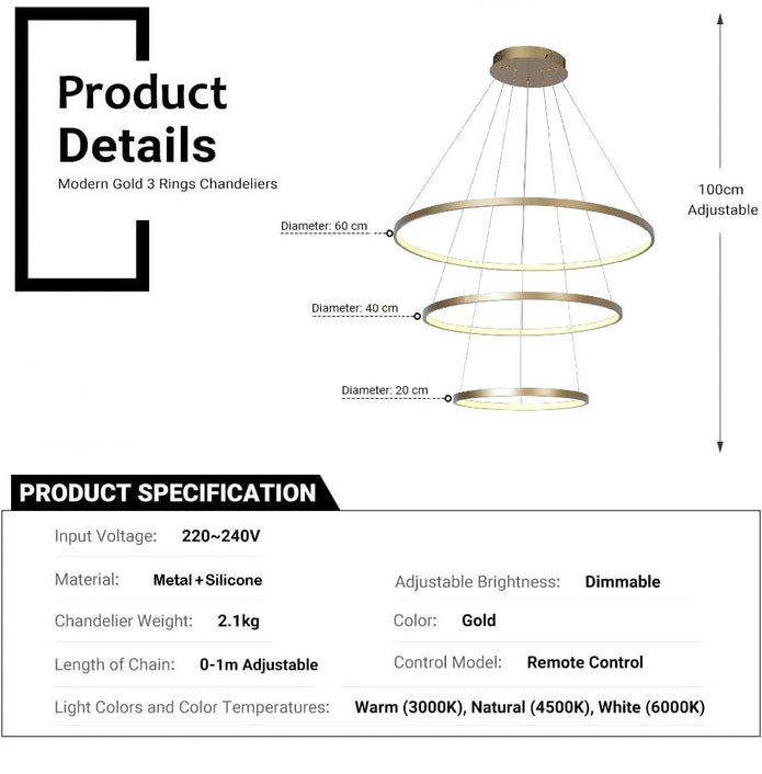 Modern LED Ring Chandelier Dimmable 3 Rings Gold