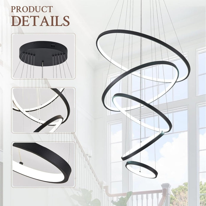 Black five ring chandelier in a stairwell