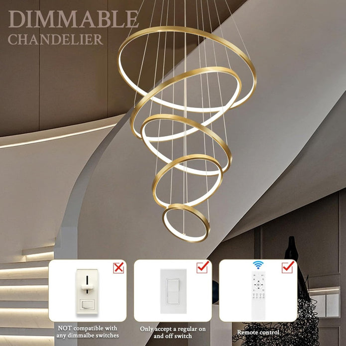 Gold five ring chandelier in a stairwell