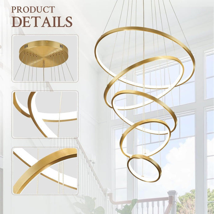 Five ring LED chandelier detail showing gold rings