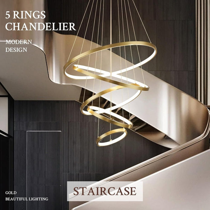 Gold ring chandelier illuminated with warm light