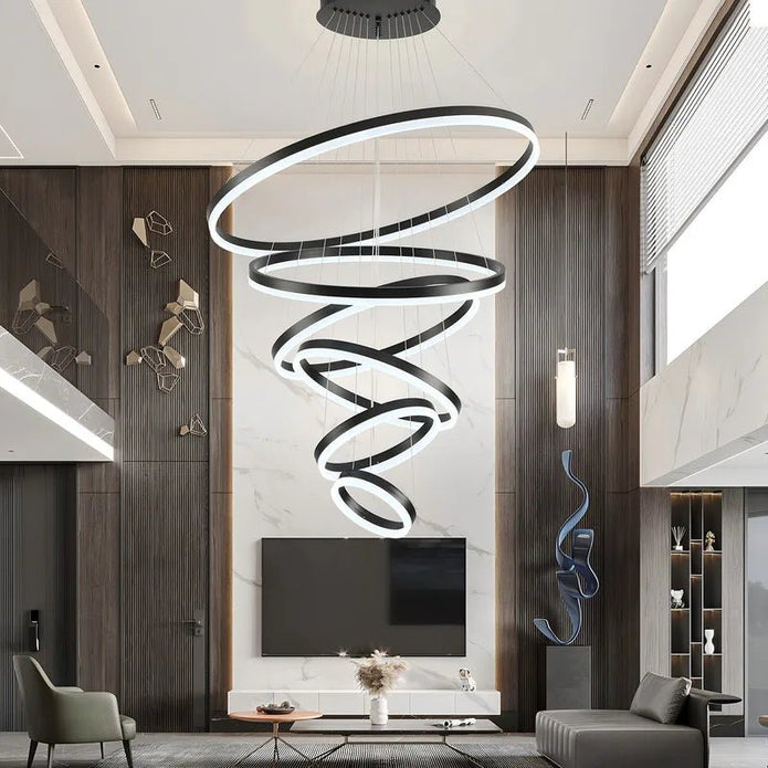Modern LED Ring Chandelier 6 Rings Dimmable Black