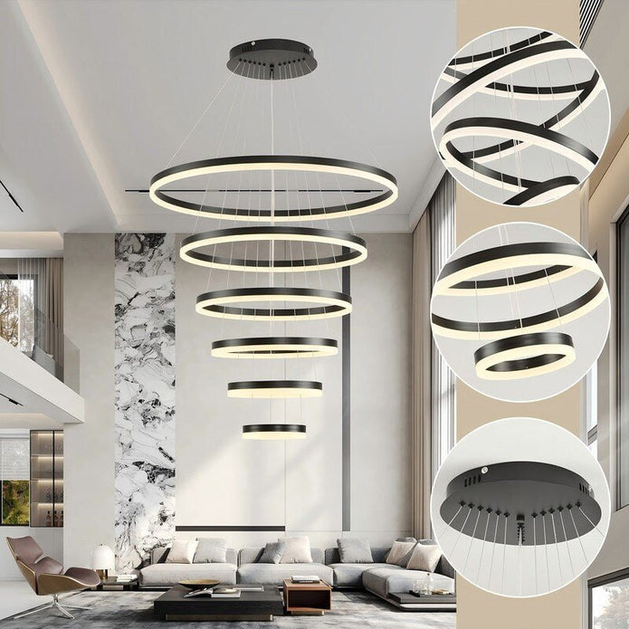 Modern LED Ring Chandelier 6 Rings Dimmable Black