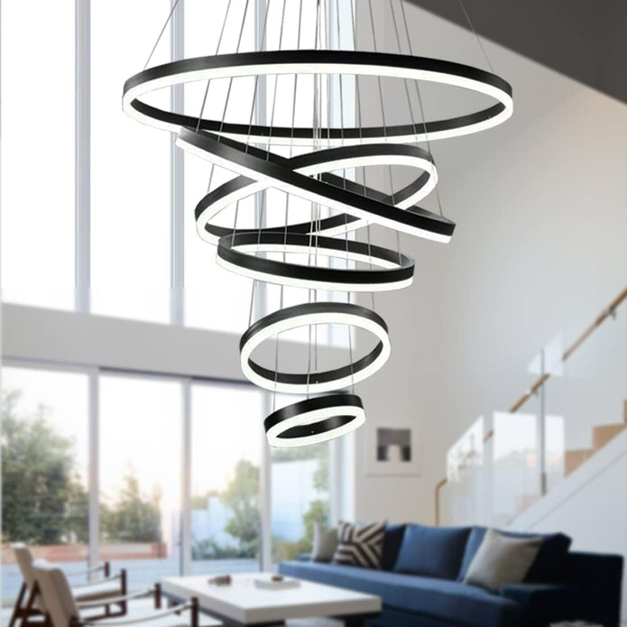 Modern LED Ring Chandelier 6 Rings Dimmable Black