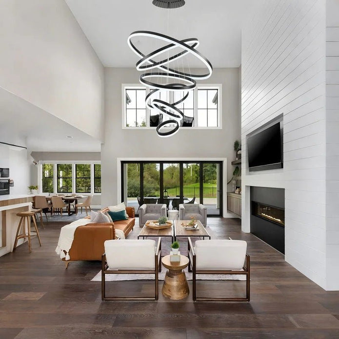 Modern LED Ring Chandelier 6 Rings Dimmable Black