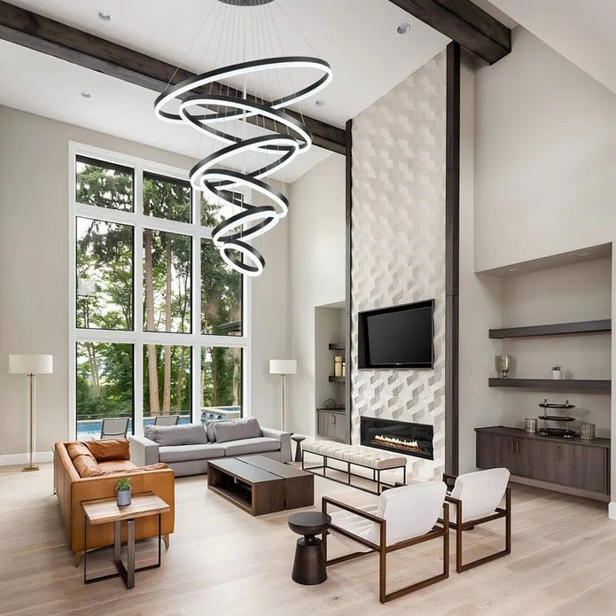 Modern LED Ring Chandelier 6 Rings Dimmable Black