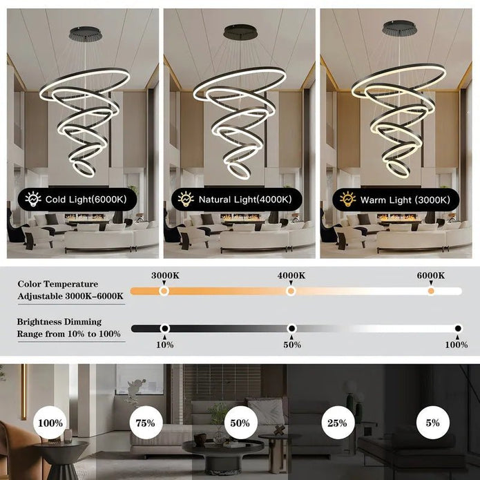 Modern LED Ring Chandelier 6 Rings Dimmable Black