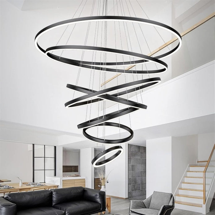 Modern LED Ring Chandelier 7 Rings Dimmable Black