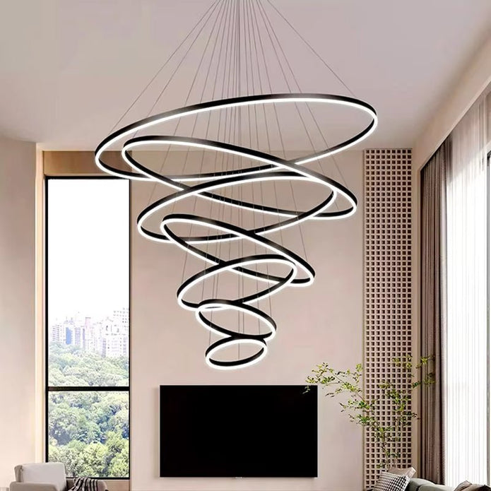 Modern LED Ring Chandelier 7 Rings Dimmable Black