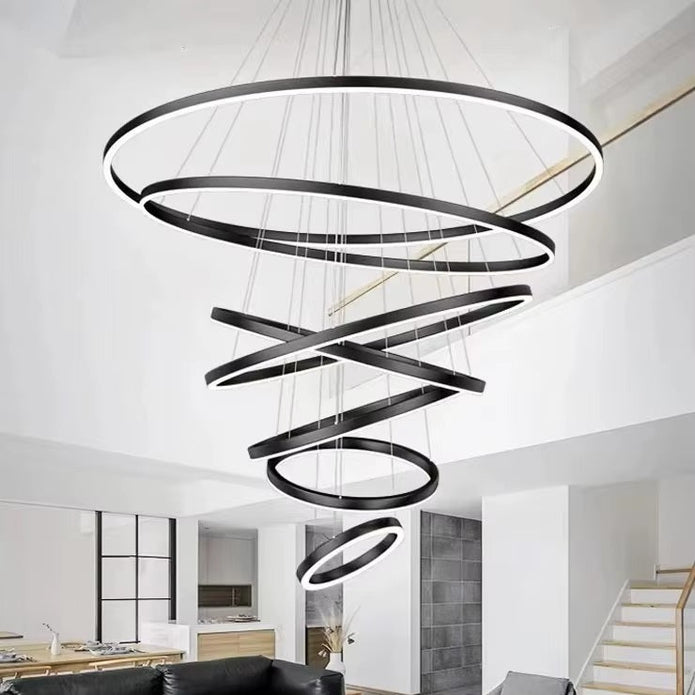 Modern LED Ring Chandelier 7 Rings Dimmable Black