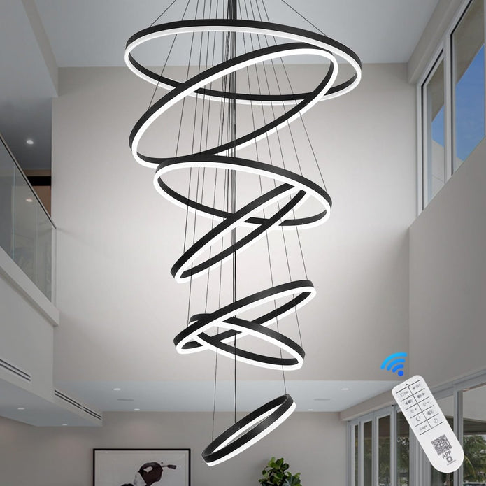 Modern LED Ring Chandelier 7 Rings Dimmable Black